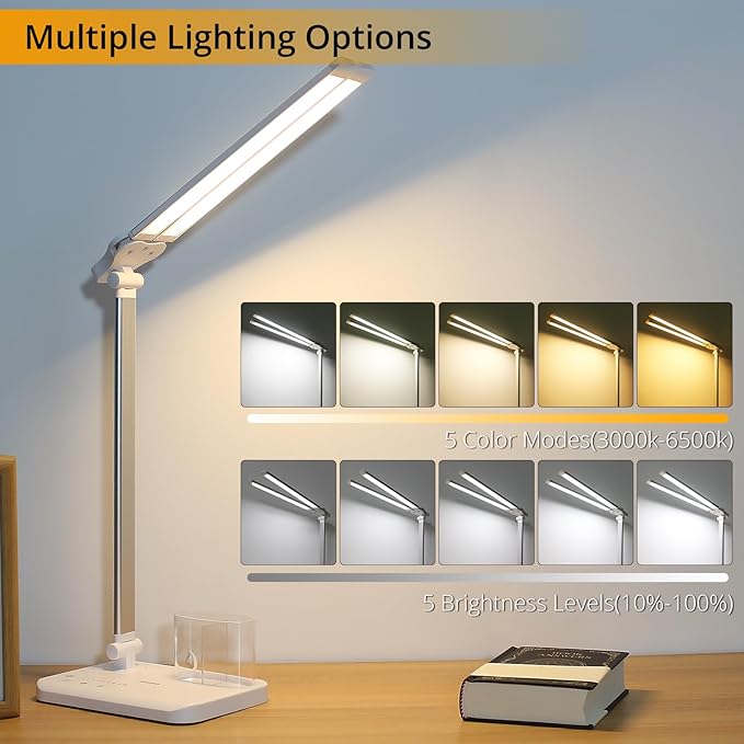 Qooltek LED Desk Lamp for Home Office, Touch Control Table Lamp with 5 Color Modes and Adjustable Brightness,Dual Swing Arm USB Charging Port Foldable Reading Light, Auto Timer, Silver White, 5W