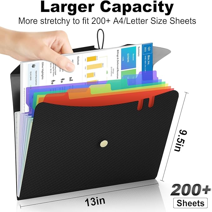 Sooez 7 Pocket Expanding File Folder, Premium Accordion File Organizer with Bungee Closure, Letter Size Folders for Documents, Portable Filing Folders for School Office Supplies, Black