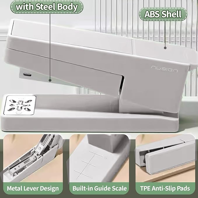 Swing-Arm Desktop Stapler, 360° Rotating Base, 25-Sheet Capacity, Fits 24/6 & 26/6 Staples, Durable Metal Build with Non-Slip Pad for Office & Home Use (White)