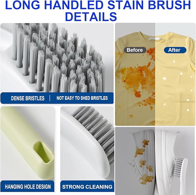 2PCS Laundry Stain Brush with Long Handle Laundry Brush for Stains on Clothes Soft Bristle Brush for Cleaning Clothes Shoes Sneakers Laundry Scrub Brush for Stain Removal, Green White