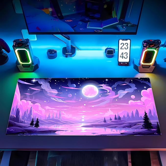 Purple Moon Lake Mouse Pad Pink Desk Mat XXL Large Gaming Mousepad Cute Kawaii Anime Aesthetics Computer Mat Keyboard and Mouse Pad Office Desk Decor 31.5 x 15.7 in