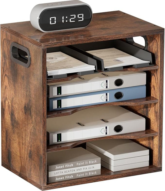 Vintage Wood File Organizer Desktop-14.5’’ Document Letter Mail Tray Sorter with 3 Adjustable Shelves Wooden Desk Organizer File Holder for School Home Office Supplies (Retro Brown)