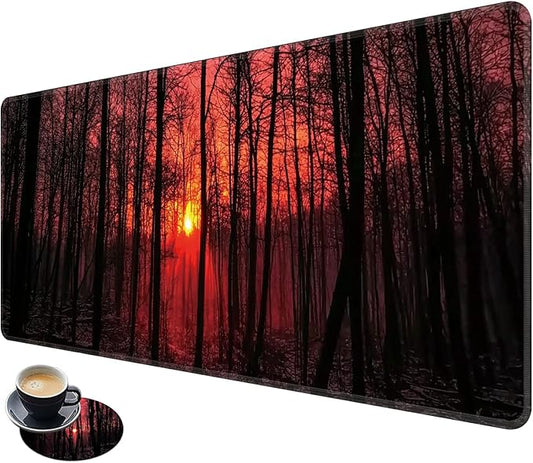 Desk Mat Large Gaming Mouse Pad (31.5x11.8 inch) with Stitched Edges, XL Mouse Pad +Coaster, Extended Mouse Mat Keybroad Mousepad Non-Slip Rubber for Gamer Men Women, Sunset Nature Forest