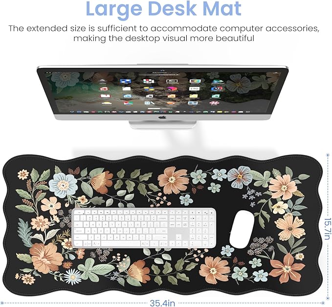 HAOCOO Desk Mat for Keyboard and Mouse, Large Scalloped Desktop Mat, Floral Mouse Pad for Desk, Washable Computer Desk Mat with Edge Stitching, Non-Slip Large Mouse Pad for Office, Home(Black)