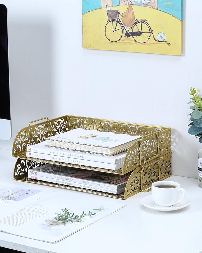 EasyPAG Paper Organizer for Desk 2 Tier Stackable Paper Tray for A4 Legal Size Folders Metal File Storage Desktop Organizer for Home Office School Teacher, Gold