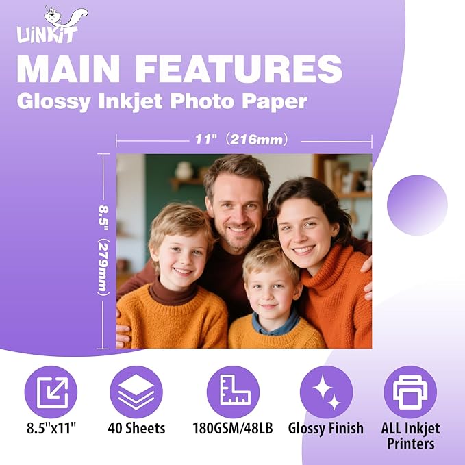 Uinkit 40 Sheets37lb Thin Flyer Paper Glossy 8.5x11 Inkjet Single Side DIY Chip Bag 135gsm Photos Picture for Inkjet Printer with Dye Ink Letter size A4 Brochure