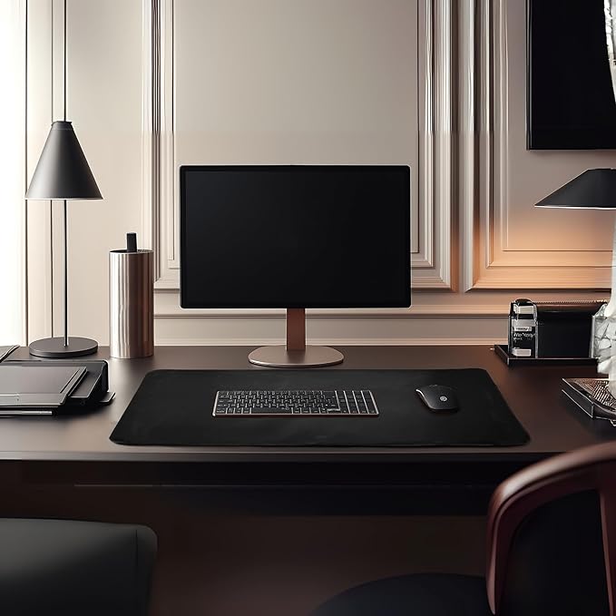 LEATHER VILLAGE -32''X16 Real Leather Desk Mat for Desktop & Laptop, with Leather Tray & Tea Coaster, 3mm Thick Desk Cover-Protector-Blotter- Black Color