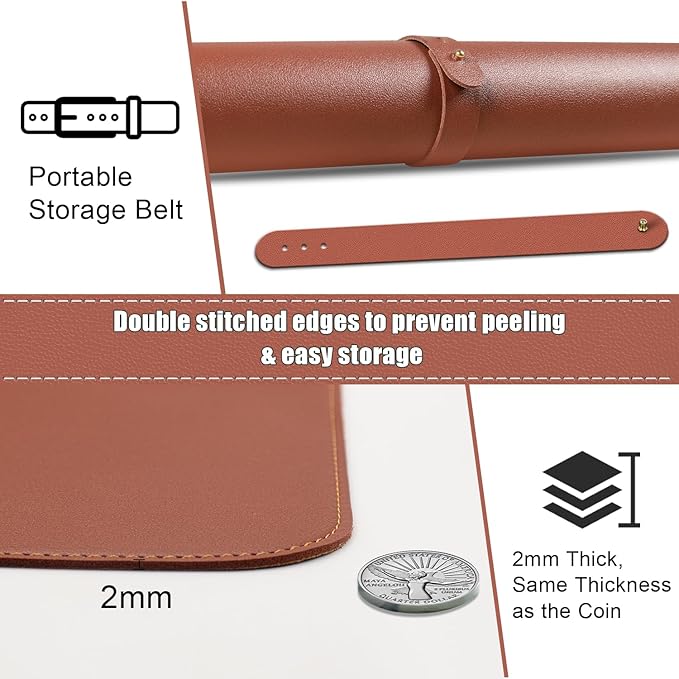 BLESWIN Large Desk Pad Mat 47.2"" x 17"", Office Desk Mat, Non-Slip PU Leather & Cork Desk Blotter for Keyboard and Mouse, Large Desk Mat, Large Mouse Pad for Office & Home(Brown)