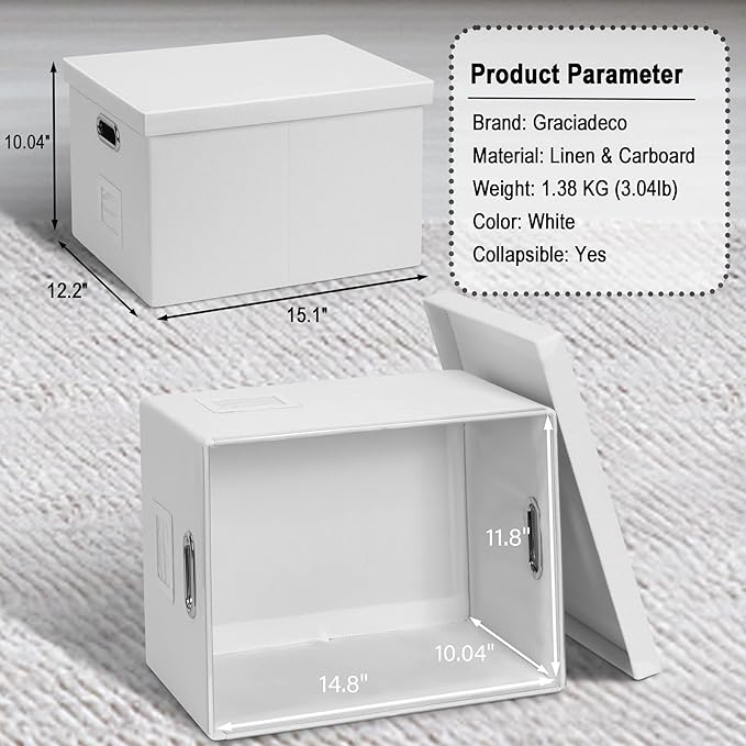File Organizer Box, Collapsible Storage Filling Box with Lid for Letter Legal Size Hanging Folders Decorative Linen File Folder Box Document Storage Filing Bin, White 2 Pack