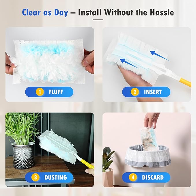 50 Count 180° Multi-Surface Feather Duster Refills Compatible with Swiffer Handle, Heavy Duty Duster Replacement with 1 Handle