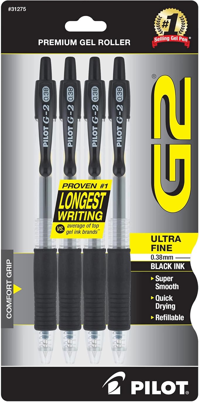 Pilot, G2 Premium Gel Roller Pens, Ultra Fine Point Gel Pens 0.38 mm, Pack of 4, Black