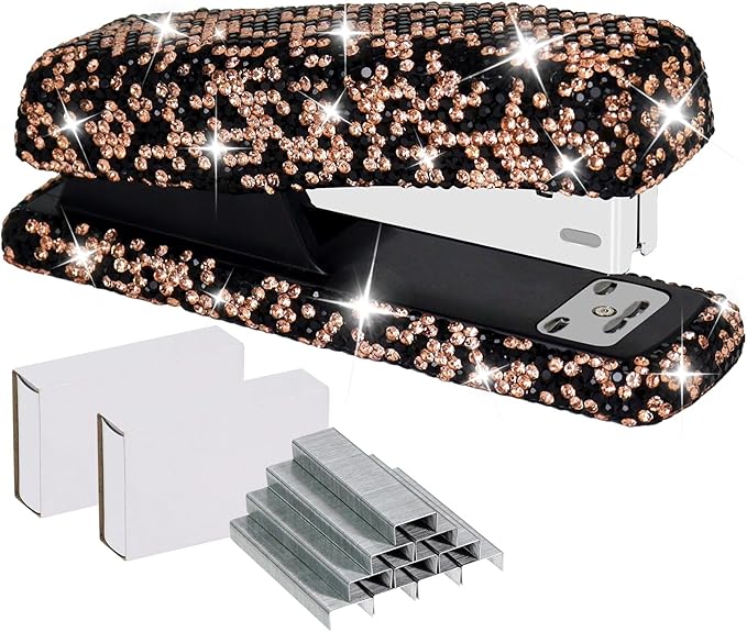 Multibey Rhinestone Stapler for Desk- Bling Crystal Desktop Stapler with 2000 Silver Staples, 25 Sheet Capacity, Elegant Office Staplers & Dazzling Desk Accessory for Women Lady (Black Gold)