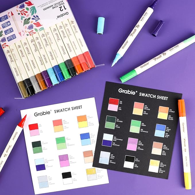 Grabie 24 Colors Paint Markers, Acrylic Paint Pens with 12 Dual-Color Brush Tips, Dual Tone Acrylic Markers for Rocks, Acrylic Paint Markers for Art Supplies (24 Dual Tone Colors)