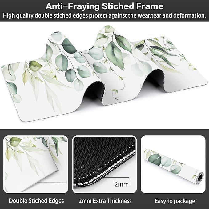Large Gaming Mouse Pad for Desk, Watercolor Green Leaves and Branches Desk Mat for Desktop, Non-Slip Rubber Base Stitched Edges Long Computer Keyboard Mouse Mat Desk Pad for Home Office 35.4"X15.7"