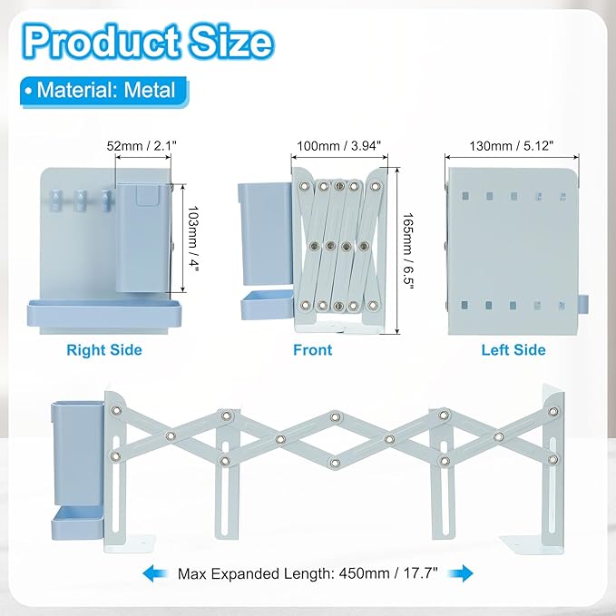 PATIKIL Adjustable Book Ends, 6.5" Tall Heavy Duty Metal Adjustable Bookends Book Holders Organizer with Removable Pen Holder Tray and 3 Hook-up for Heavy Books Desk Office Home, Blue
