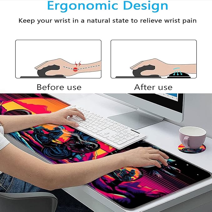 Keyboard Mouse Pad Set,Large Mouse Pad+Keyboard Wrist Rest+Wrist Support+Coaster,31.5x11.8in Extended Desk Mat for Computer Laptop Office Home-Vintage Motorcycle Boy