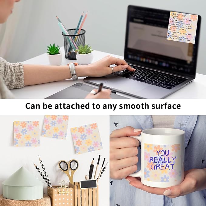 2 Pack Sticky Notes 3x3 Inches, Bright Cute Strong Sticking Power, Easy to Post for Home, Office, 80sheets/Pads, Colorful Flowers