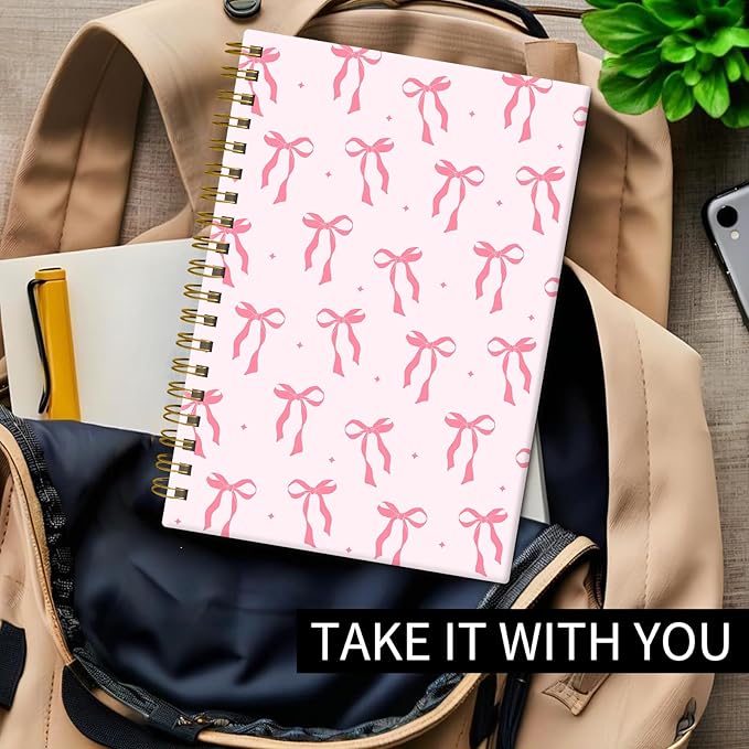 Spiral Journal Notebook, Hardcover Lined Journal for Women, Medium 6 x 8.4 in, 120 Pages Thick Paper, College Ruled Notebook for Writing, Work, Office, and School,Cute Pink Ribbon Bow