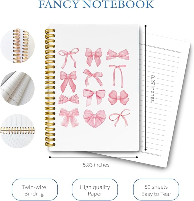 LiTiu Pink Spiral Journaling Notebook,Preppy Coquette Girly Style Notebook for School Teen Girls Women,Bow Trendy Funky Hardcover Spiral Notebook, 80 Sheets 5.8x8.3