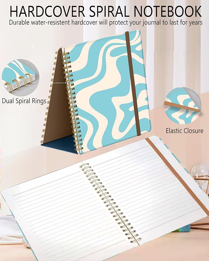 Spiral Journal Notebook, A5 Cute Notebooks for Women Men, College Ruled Hardcover Notebook for Work & Note Taking, 60 Pages Double-Wire Journals for Writing, Blue White Fluid Line