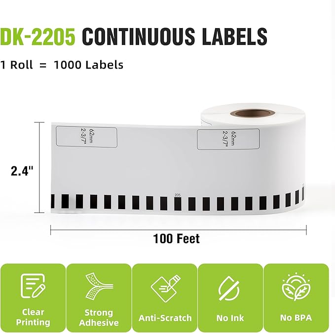 2-3/7"x 100' Continuous Labels Replacement for Brother DK-2205 Paper Label Maker Tape Use with QL-1060N QL-1050 QL-720 QL-710 QL-570 (8 Rolls,1 Reusable Frame)