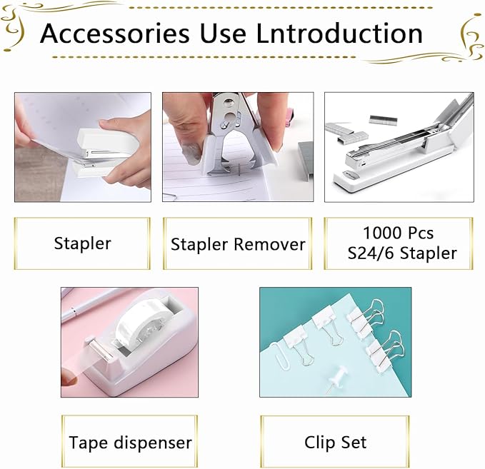 Office Supplies,Desk Accessories, Stapler and Tape Dispenser Set for Women with Stapler, Tape Dispenser, Staple Remover, Staples, Clips, Scissor and Tabs,Gift for Students, Coworkers
