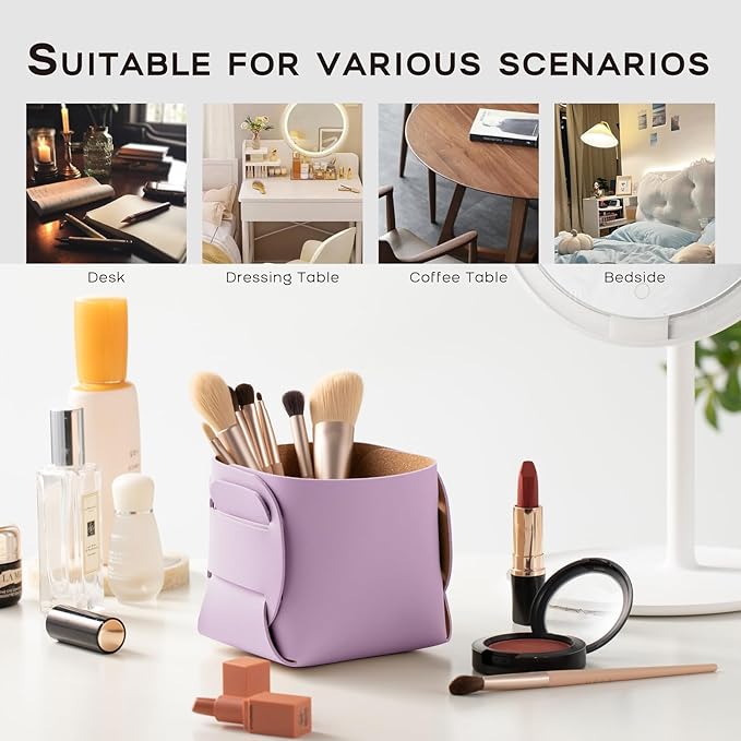 HOMIEAZICOZI 2-Pack Cork Leather Desk Accessories Storage - Pencil Pen Holder - Makeup Brush Holder Organizer - Stylish Addition to Home Decor (Purple)