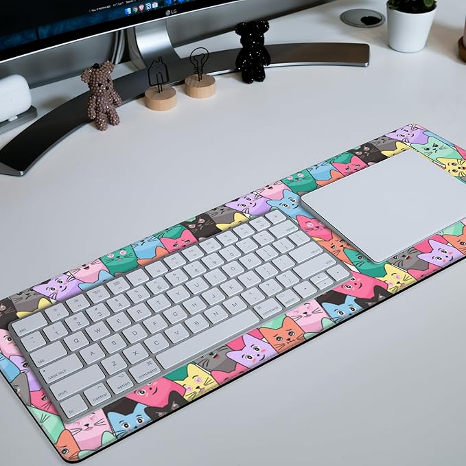 Colorful Cats Mouse Pad Desk Mat XL Large Gaming Mousepad Extended Computer Keyboard Mat with Non-Slip Rubber Base and Stitched Edge 11.8 x 31.5 Inch for Gaming and Office Work