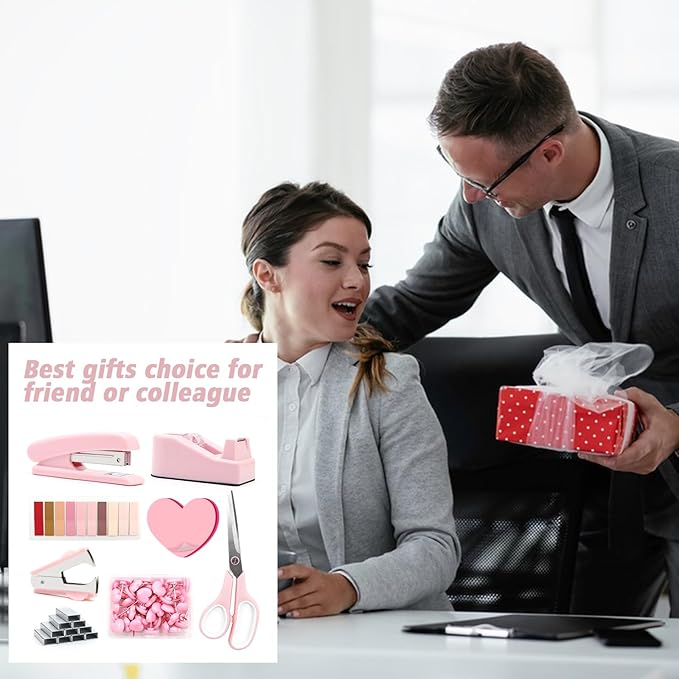 Pink Desk Accessories, Pink Office Supplies, Stapler and Tape Dispenser Set, Pink Desk Accessory Kit, Gift for Students, Women, Coworkers, Boss Lady, Office Clerks