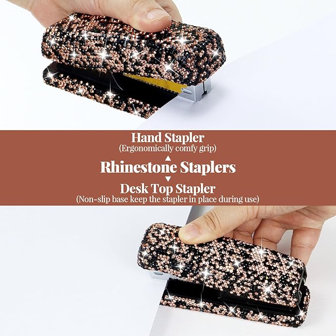 Multibey Rhinestone Stapler for Desk- Bling Crystal Desktop Stapler with 2000 Silver Staples, 25 Sheet Capacity, Elegant Office Staplers & Dazzling Desk Accessory for Women Lady (Black Gold)