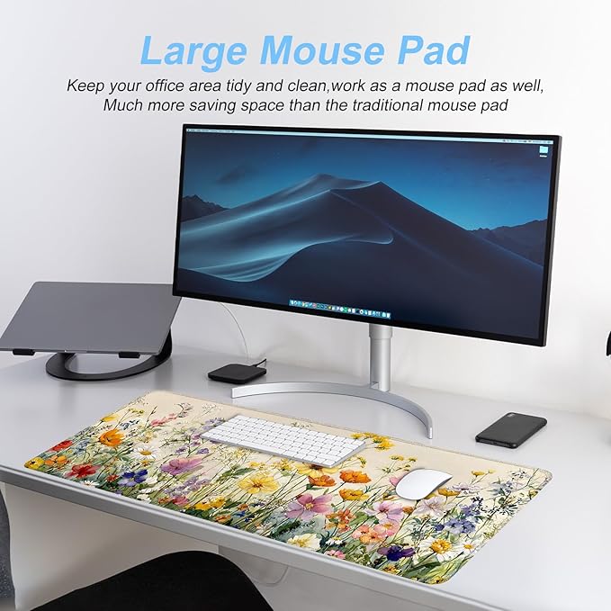 31.5" x 11.8" Watercolor Floral Mouse Pad – Vibrant Wildflower Garden Desk Mat with Daisy, Poppy & More – Extended Non-Slip Mouse Pad for Home Office Decor