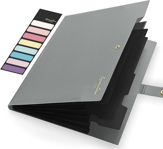 Sooez Expanding File Folder, Letter Size Accordion File Organizer, 5 Pocket Folders for Documents, Cute Folder with Labels, Portable Paper Organizer for School Office Supplies, A4 Size, Grey