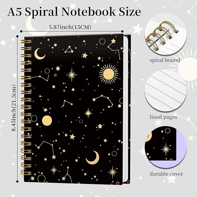 Spiral Notebook Journal for Women Men, A5 Hardcover Journal, 120 Pages Thick Paper, College Ruled Writing Notebook for School, Work & Office 8.3'' × 5.9''(Starry Cosmos Stars)
