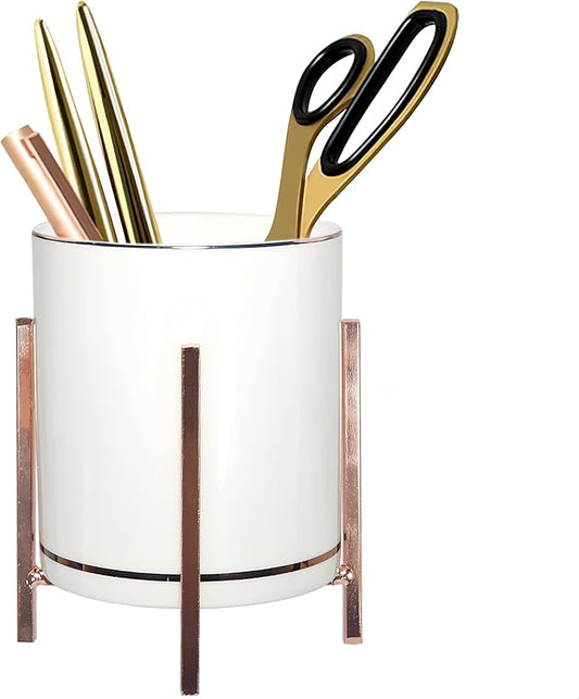 Rose Pen Cup Holder for Ladies, Desk Pencil Holder for Women, Ceramic Pencil Cups, Rose Gold Makeup Brush Cup, Cute Makeup Brush Holder, Office Desk Accessories for Women