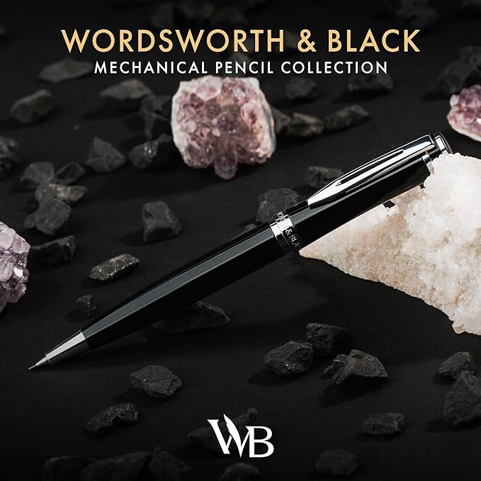 Wordsworth and Black Mechanical Pencil Graphite Lead- Stunning Luxury Metal Pencil, Black Lacquer Chrome Finish, 0.7mm Led, Best Gift Set for Men & Women, Professional Executive Office Pencils