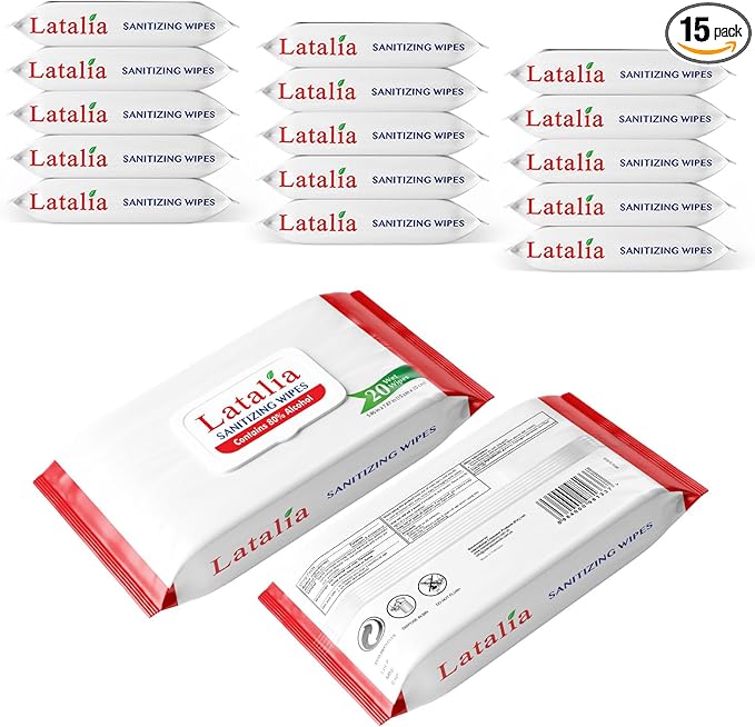 Latalia Hand Wipes Pack of 15 | 80% Alcohol Hand Sanitizer Wipes for Hands & Face Moisturizing, Gentle, Convenient and Fragrance Free (20 Counts)