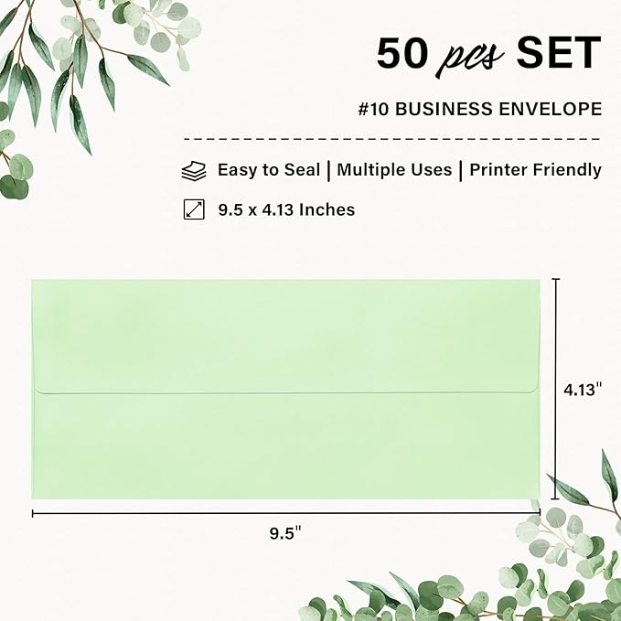 50 Pack #10 Business Envelopes, Self Seal Standard Light Green Envelopes for Secure Business & Legal Mailing, Office, Checks, Letter, Invoices, 4 1/8 x 9 1/2 Inches