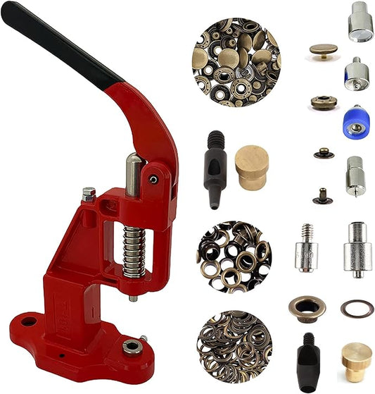 Hobby Trendy Hand Press with Rust Free Steel 50 Sets Ln24 15mm Fashion Spring Glove Snaps and 50 Sets Brass 8 mm (Nr5) Eyelets, Matching Dies and Hole Punches (Bronze Supplies, RED Press)