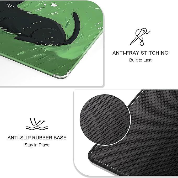 Auhoahsil Large Gaming Mouse Pad, Cute Cat Theme XXL 35.4 x 15.7 in Desk Pad Stitched Non-Slip Rubber Long Computer Mousepad Thin Extended Full Size Desk Mat for Desktop Laptop Wireless Mice, Green