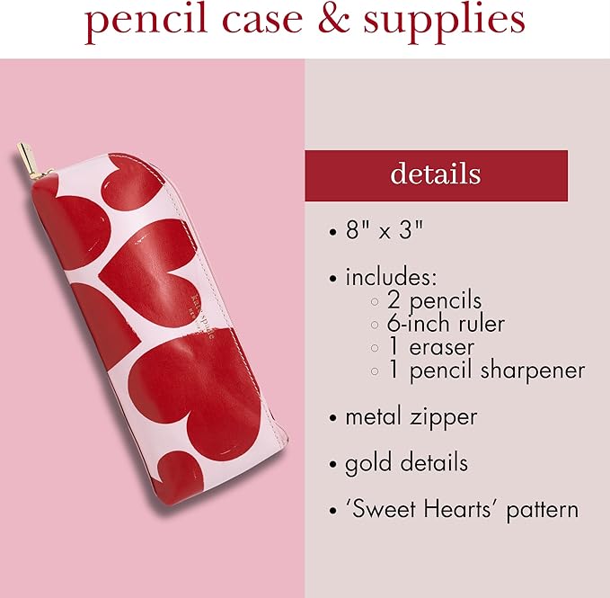 kate spade new york Pen and Pencil Case with Office Supplies, Zip Pouch Includes 2 Pencils, Sharpener, Eraser, and Ruler, Sweet Hearts