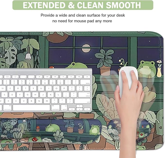 Large Mouse Pad Set, Cute Extended Mouse Pad+Keyboard Wrist Rest Support Desk Pad Memory Foam Ergonomic Easy Typing, 35.4×15.7 in Desk Mat Set for Home Office Study Game - Frog
