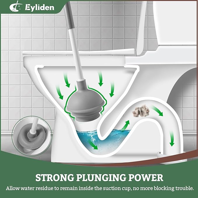 Eyliden 2 Pack Toilet Plunger & Brush Set, Upgrade 3-Step Suction Cup - Ultra-Tight Seal, Durable, Space-Saving Toilet Deep Cleaning Combo with Holder, Bathroom Essentials (2 Pack, White & Grey)