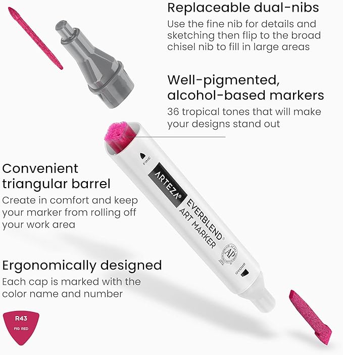 ARTEZA Alcohol Art Markers, Set of 36 Colors, Tropical Tones, Everblend Sketch Pens in Organizer Box, Dual Tips