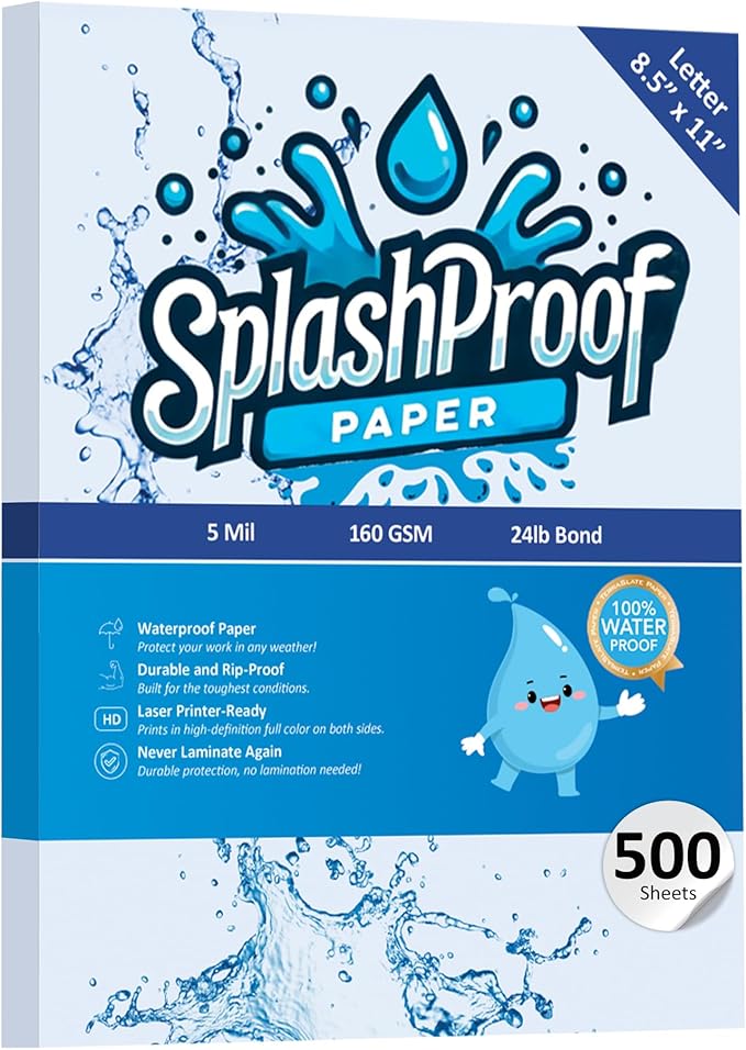 Printer Paper - 8.5" x 11", 5 Mil Waterproof Paper, Laser Printer & Copy Machine Compatible (8.5" x 11" - Letter, 500 Sheets)