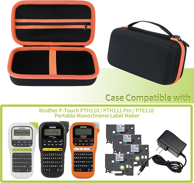 Case Compatible with Brother P-Touch PTH110 / PTH111 Pro / PTE110 Portable Monochrome Label Maker (Black+Orange Zipper)