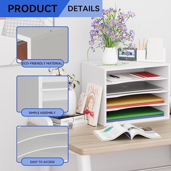 Wood Desktop Letter Tray File Organizer, Paper Storage Mail Sorter with 3 Adjustable Drawer Boards for Home and Office, White