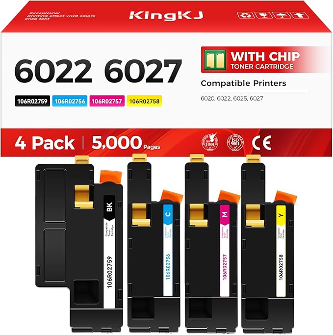 6022 6027 Toner Cartridge Set 4-Pack High-Yield Replacement for 106R02759 106R02756 106R02757 106R02758 Compatible for Xerox Phaser 6020 6022 WorkCentre 6025 6027 Printer Ink Black Cyan Magenta Yellow