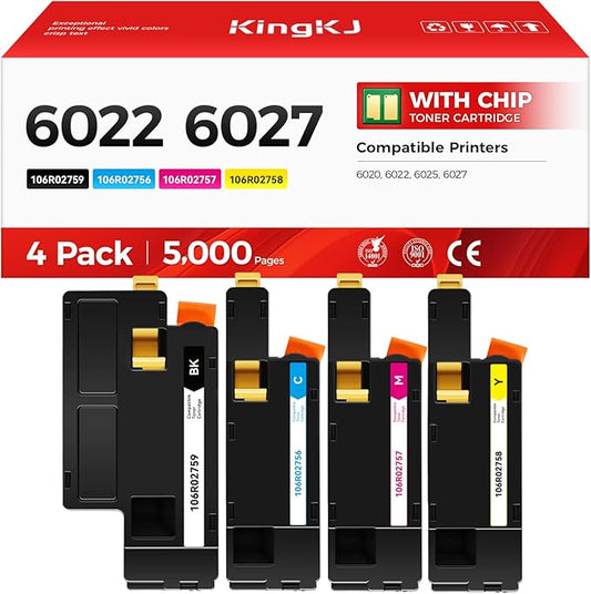 6022 6027 Toner Cartridge Set 4-Pack High-Yield Replacement for 106R02759 106R02756 106R02757 106R02758 Compatible for Xerox Phaser 6020 6022 WorkCentre 6025 6027 Printer Ink Black Cyan Magenta Yellow