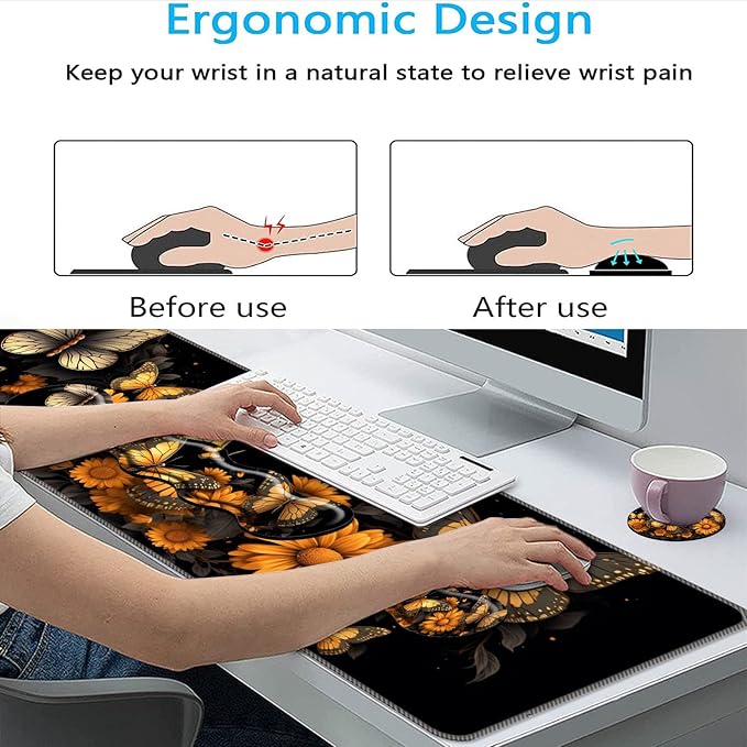 Keyboard Mouse Pad Set,Large Mouse Pad+Keyboard Wrist Rest+Wrist Support+Coaster,31.5x11.8in Extended Desk Mat for Computer Laptop Office Home- Flower Butterfly