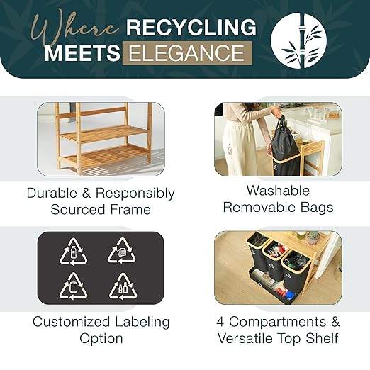 4 Section Recycling Bin for Kitchen – Dual Trash and Recycle Bins for Paper, Plastic, Cans – Indoor Bamboo Recycling Organizer – Decorative Wooden Recycle Bins for Kitchen & Office